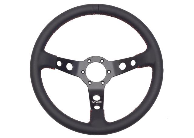MVP Black 350mm Leather Steering Wheel Dished w/ Red