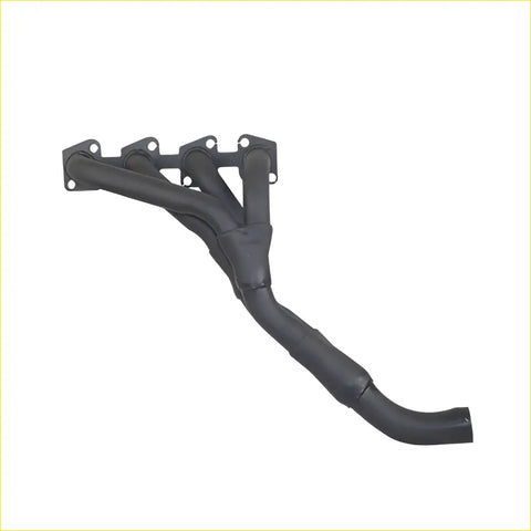 Black cast iron exhaust manifold with four flanged inlets and single outlet for navara 4wd td25-27 diesel gasket dsf128