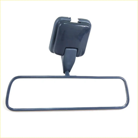 Dark gray plastic rearview mirror with rectangular frame and bracket for navy blue toyota hilux 1990-1998 shown from back