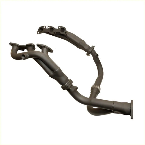 Black metal exhaust manifold with tri-y mandrel bent design and multiple flanged connections for nissan navara 3.3l vg33