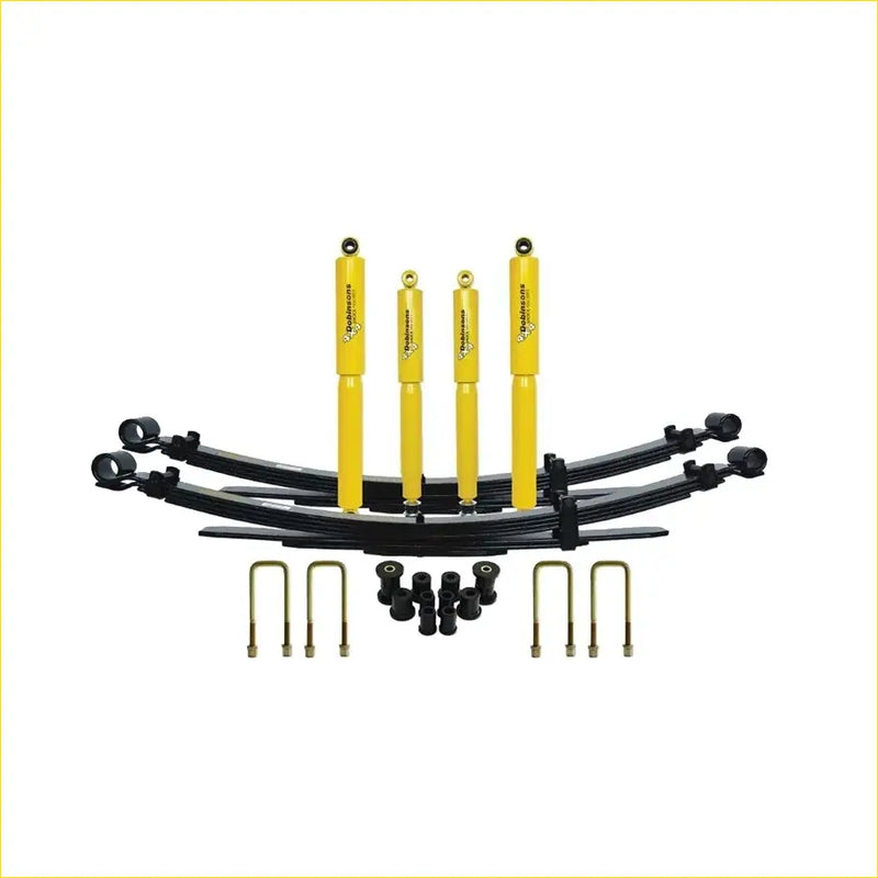 Set of four bright yellow nitro gas shock absorbers and black leaf springs for nissan navara d21 d22 with hardware