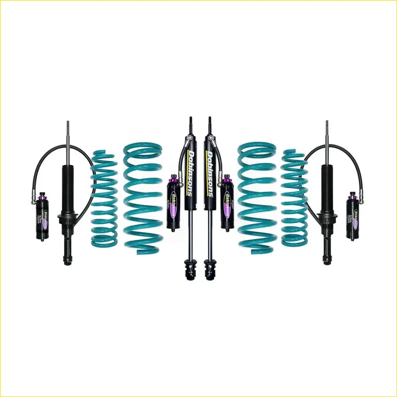 Teal coilover suspension kit with black shock absorbers and purple accents for nissan navara d23 np300 dobinsons monotube remote