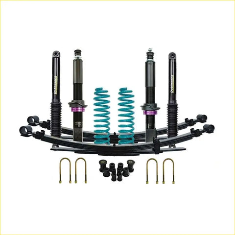 Black and teal coilover suspension kit with purple accents for Nissan Navara Frontier D40 by Dobinsons IMS monotube
