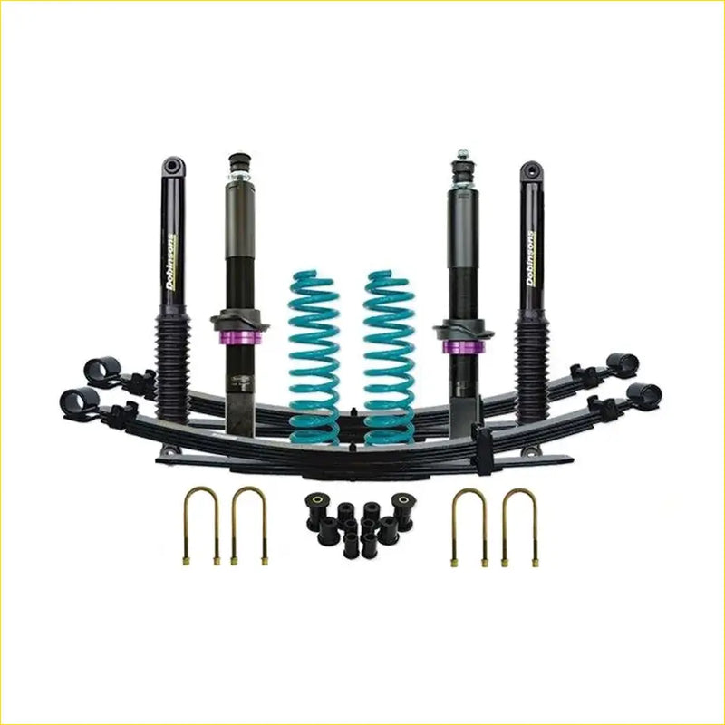 Black and teal coilover suspension kit with purple accents for Nissan Navara Frontier D40 by Dobinsons IMS monotube