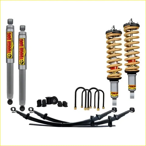 Gold-coated coilover shocks with black tops and silver lowers for nissan navara frontier d40 dobinsons ims monotube