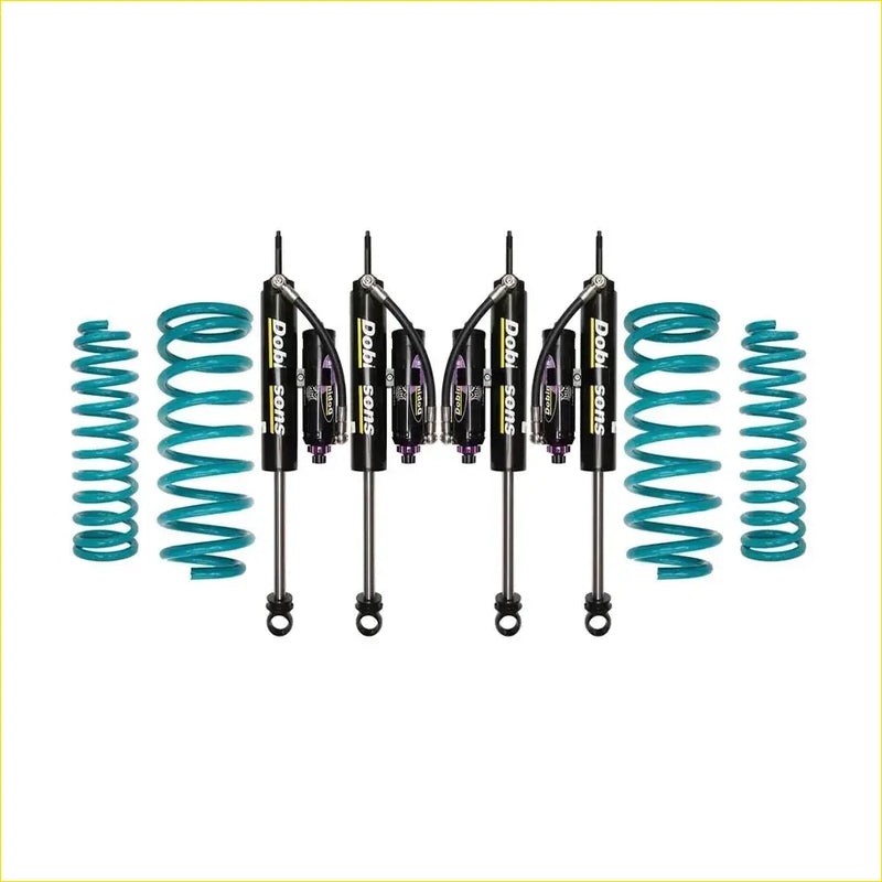 Set of four black Dobinsons monotube shocks with teal coil springs for Nissan Patrol Y60 GQ Ute 1992 to 1999