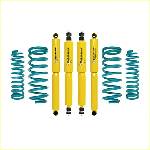 Set of four bright yellow Dobinsons twin tube Nitro shock absorbers with teal springs for Nissan Patrol Y60 GQ Wagon