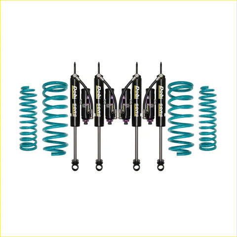 Set of four black dobl soms shocks with teal coil springs for nissan patrol y60 gq y61 gu models from 1987 to 1998