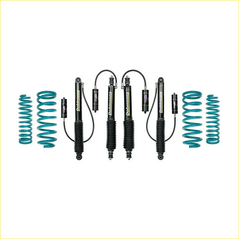 Set of four black dobinsons monotube shock absorbers with teal coil springs for nissan patrol y61 gu ute 1997 on