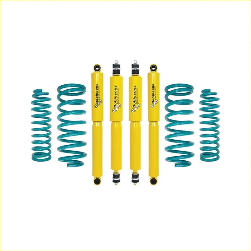 Set of four bright yellow dobinsons twin tube nitro gas shock absorbers with teal springs for nissan patrol y61 gu wagon