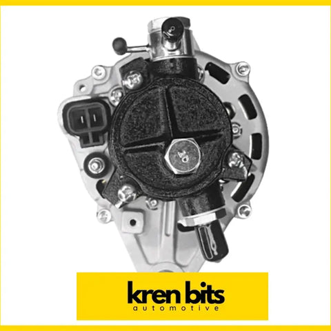 Silver and black nissan safari alternator 90a td42 with textured cover bolted mounts and electrical connector back view