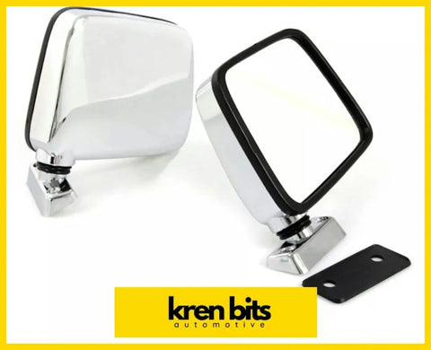 Pair of chrome finished nissan safari gq side mirrors with black rubber trim and sturdy mounting brackets