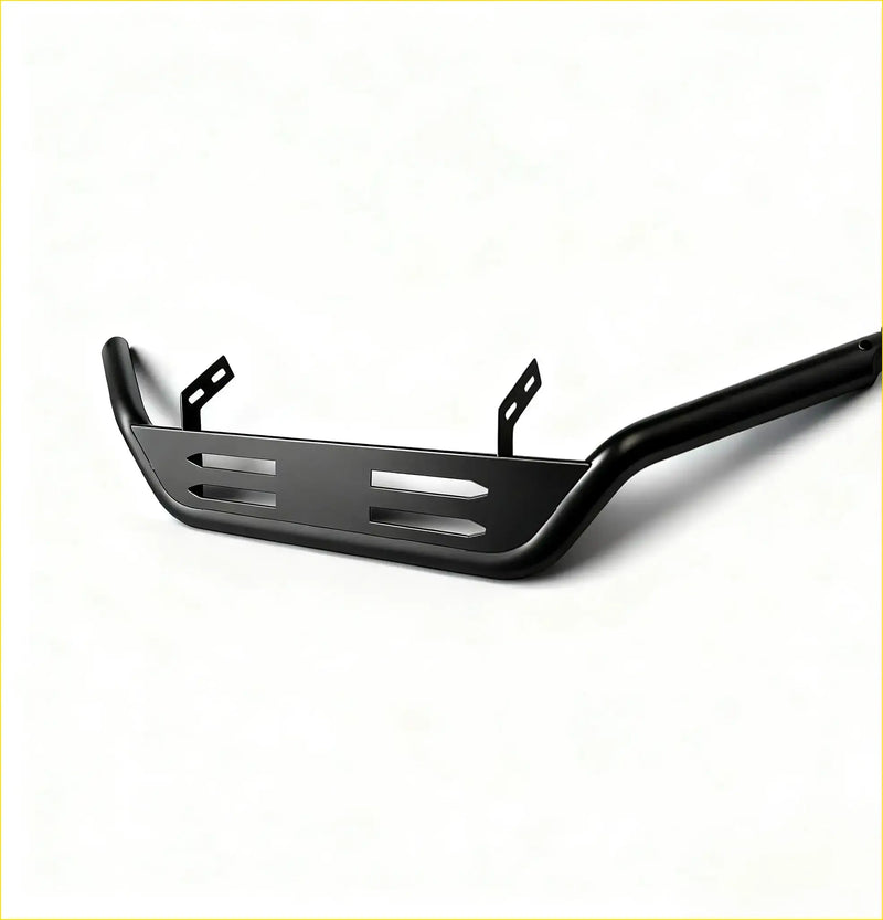 Black matte metal nudge bar with mounting brackets and slotted cutouts for mazda bt-50 2021+ front sensors