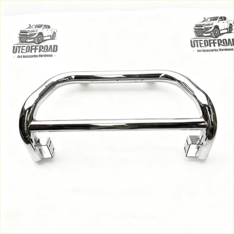 Chrome-finished steel nudge bar with sleek curved design and sturdy brackets for medium size nissan navara 2021+ front sensors