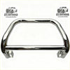 Chrome-finished steel nudge bar with sleek curved design and mounting brackets for medium size 2021+ nissan navara front sensors