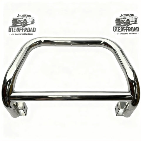 Chrome-finished steel nudge bar with sleek curved design and mounting brackets for medium size 2021+ nissan navara front sensors