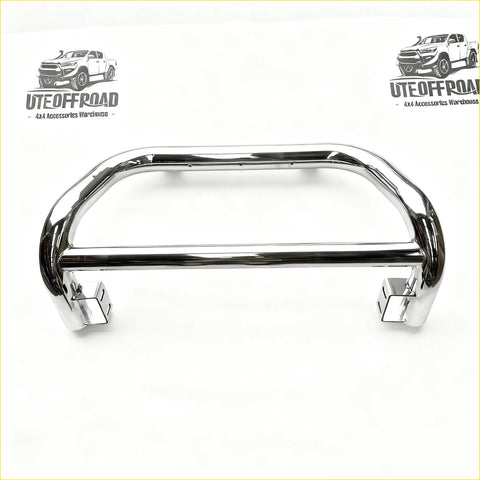 Chrome finished steel nudge bar with sleek curved design and sturdy brackets compatible with triton 2019-2023 front sensors