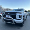 White mitsubishi triton with chrome medium size nudge bar featuring compatible front sensors and black accents