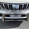 Shiny chrome nudge bar with compatible front sensors mounted on a white mitsubishi triton 2005-2015