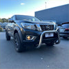 Black nissan navara np300 pickup with a chrome nudge bar compatible with front sensors 2015-2020 model
