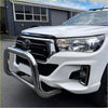 Chrome steel nudge bar with compatible front sensors mounted on white toyota hilux 2015-2025 pickup truck
