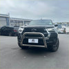 Black Toyota Hilux 2015-2025 with chrome nudge bar featuring compatible front sensors and chrome bull bar