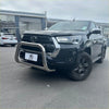 Black toyota hilux with a chrome nudge bar compatible with front sensors and black alloy wheels 2015-2025 model
