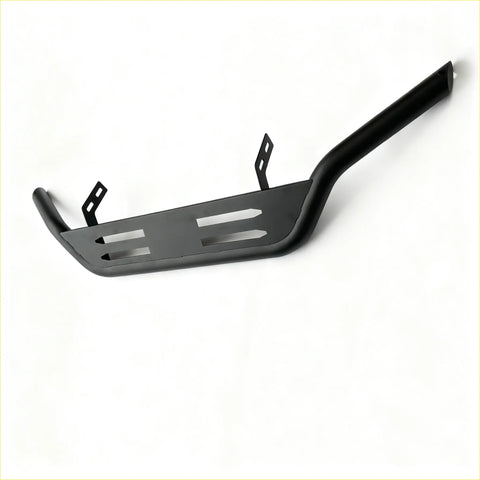 Black metal nudge bar step with two mounting brackets and rectangular cutouts for ford ranger 2022 and new everest 2022