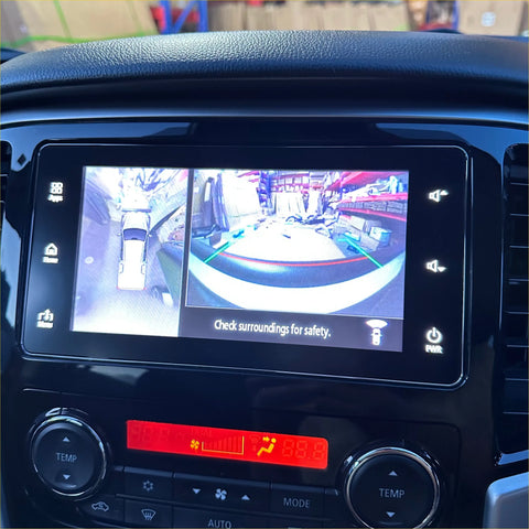 Black touchscreen display showing rearview camera split-screen on nudge bar for mitsubishi triton 2019-2023 black q1