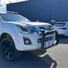 White isuzu d-max 2012-2020 pickup with matte black nudge bar and black alloy wheels featuring a rugged bull bar