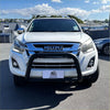 White isuzu d-max pickup with matte black nudge bar, black front bumper guard, and roof rack from 2012-2020
