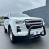 White isuzu d-max pickup truck with matte black nudge bar and black front bull bar 2021-2023 model
