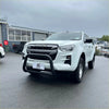 White isuzu d-max pickup truck with matte black nudge bar and black front bull bar 2021-2023 model