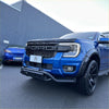 Vibrant blue ford ranger with black nudge bar lower style bumper guard and aggressive grille design 2022 plus