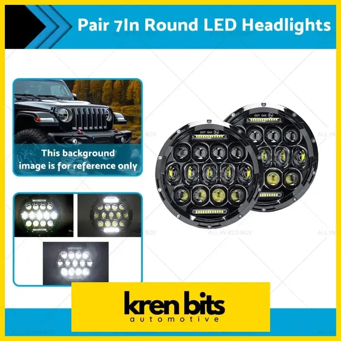Pair of 7in round black led headlights with bright white leds and yellow accent rings for hi lo drl beam use