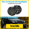 Pair of 7in round black led headlights with multiple circular bulbs and sleek modern design for hi lo drl beam use