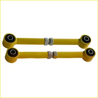 Pair of yellow metal adjustable upper trailing arms with black rubber bushings for toyota landcruiser 80 105 series