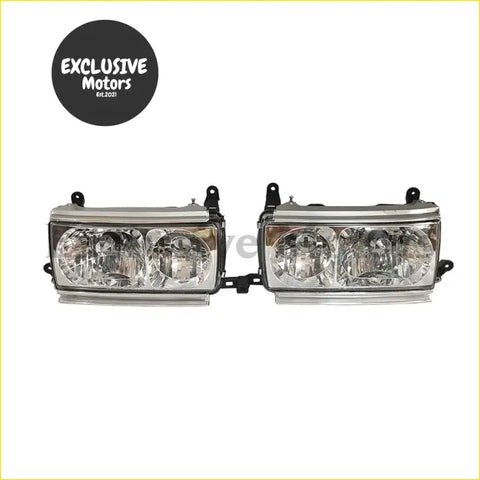 Pair of crystal headlights for toyota land cruiser with chrome finish dual headlights clear lenses and black brackets