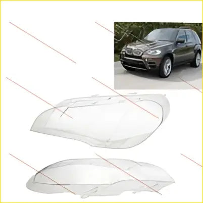Pair of clear plastic headlight lens covers for black bmw x5 e70 suv 2008-2013 shown from the front