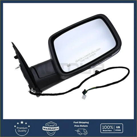 Black plastic passenger side mirror for ram 1500 with rectangular reflective surface and integrated wiring harness