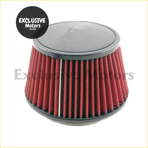 Red pleated high flow cold air intake filter with black top and base for 115mm performance use