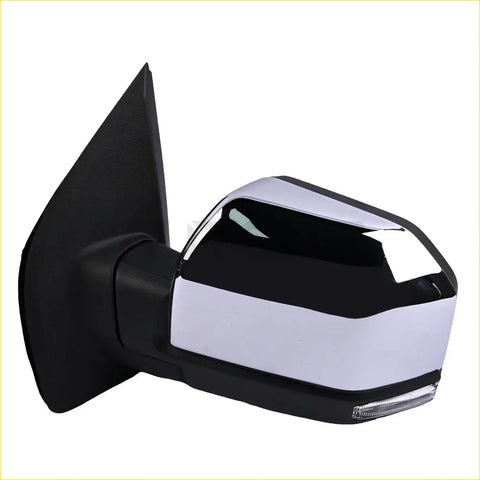 Black and chrome power mirror for ford f-150 2015-2018 with integrated turn signal light passenger side exterior view