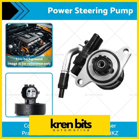 Black and silver power steering pump with metallic housing and hose suitable for Toyota Land Cruiser Prado J90 Hilux