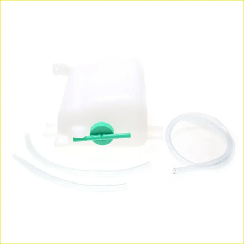 Transparent plastic radiator overflow tank with green cap and valve plus clear tubing for nissan d21 pickup navara 86-97