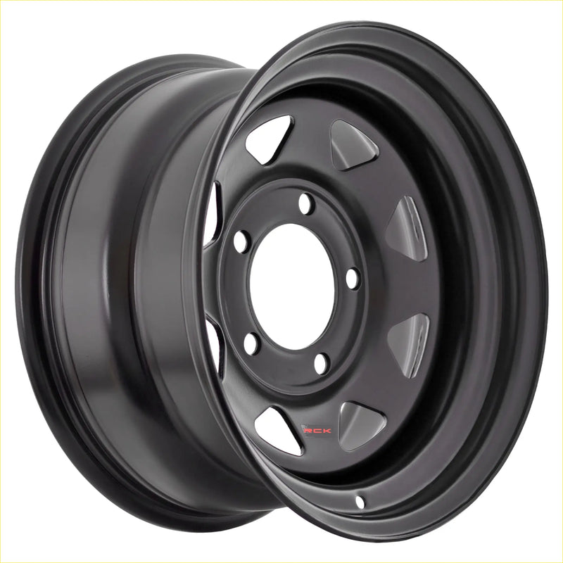 Black matte steel wheel with classic five-spoke design and red rck branding on center cap for stylish ride