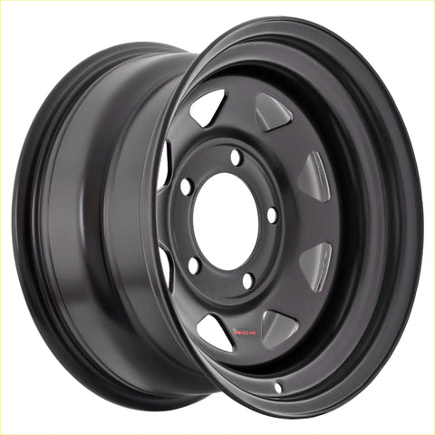 Black matte-finish steel wheel with a classic five-spoke design and red rck branding on the center cap