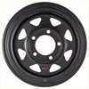Black rck steel wheel with 8 spokes matte black finish and triangular cutouts for rugged use