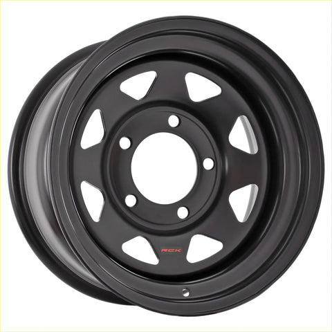 Black matte finish rck steel wheel with 8 spokes and triangular cutouts featuring red rck logo at center