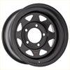 Black matte finish rck steel wheel with 8 spokes rugged triangular cutouts and red rck logo at center