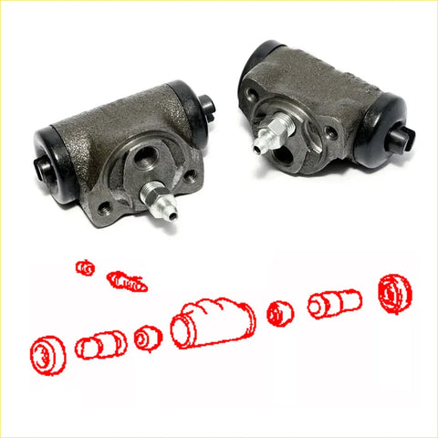 Rear brake cylinder for mitsubishi galant sigma 1983-1988 with two dark gray metallic drum brake assemblies and black rubber caps
